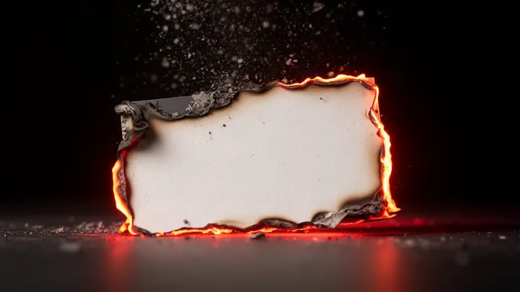 A traditional paper business card burning at the edges